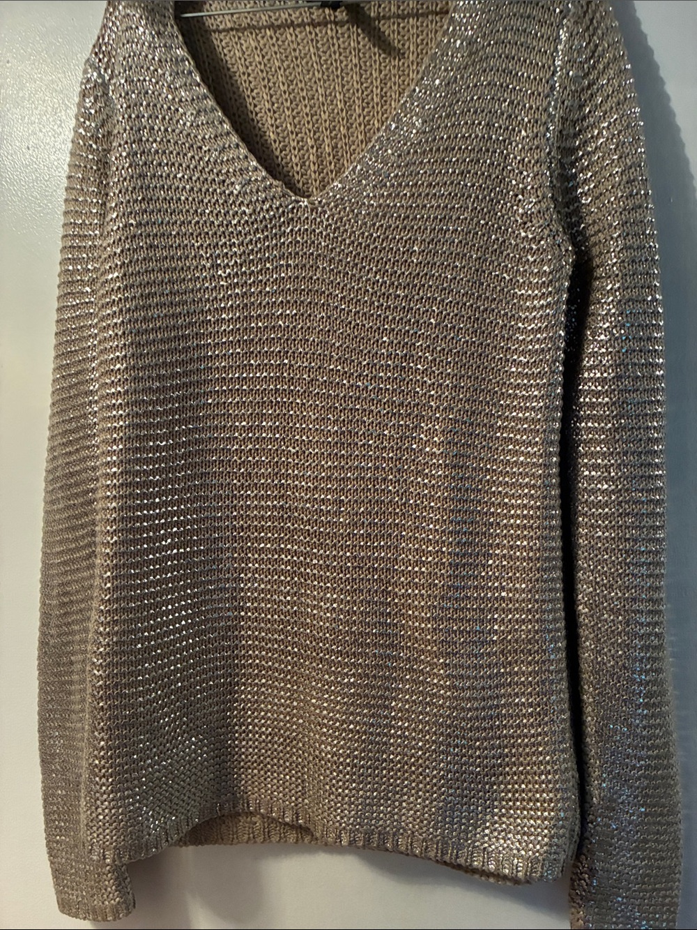 BCBGMaxAzria Metallic V-Neck Sweater in Champagne Taupe